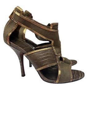Tory Burch Geoff Heels 8 Metallic Lizard Linen Cage Sandals Gold/Green 4” Heel
